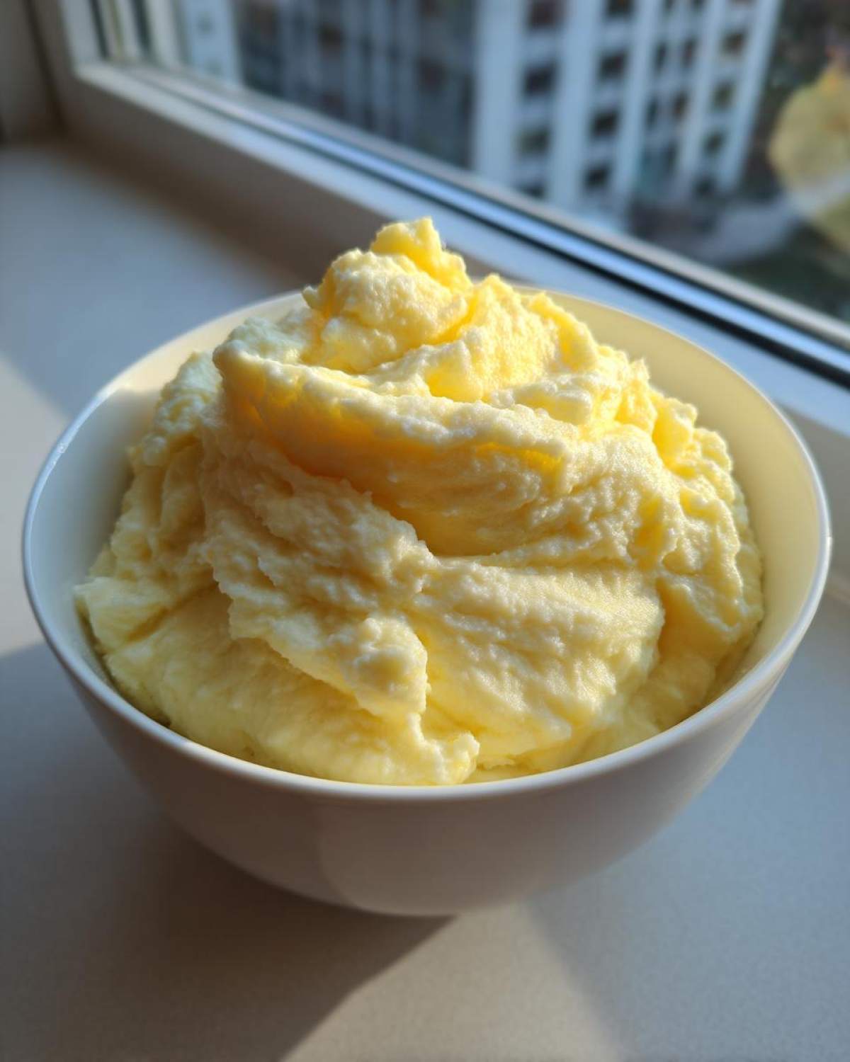 A white bowl filled with perfectly textured, fluffy creamy mashed potatoes, highlighted by natural window light.