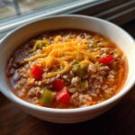 A close-up of a hearty bowl of stuffed pepper soup, featuring ground meat, rice, diced peppers, and topped with melted shredded cheddar cheese.