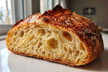Close-up of a freshly baked bread loaf cut in half showing an open, airy crumb structure and dark, blistered crust.