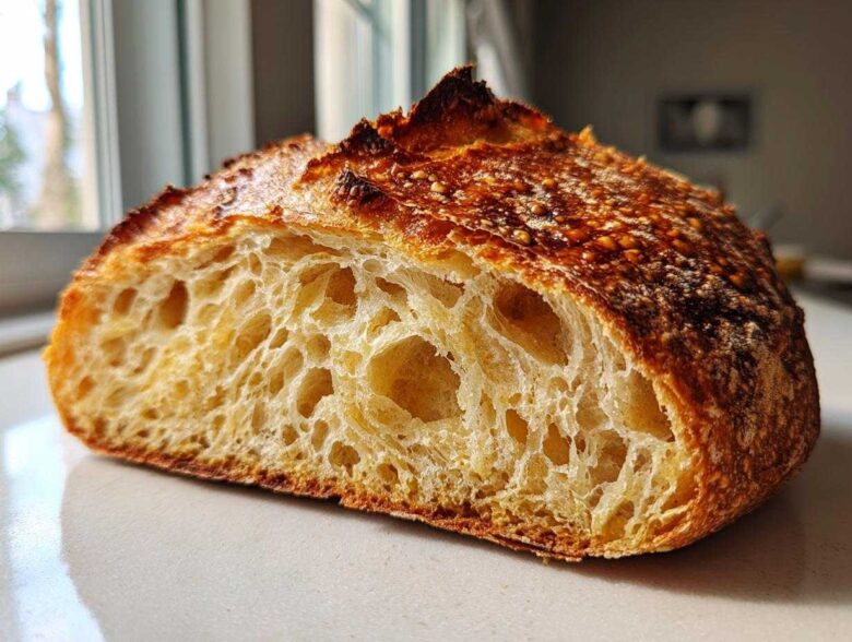 Close-up of a freshly baked bread loaf cut in half showing an open, airy crumb structure and dark, blistered crust.