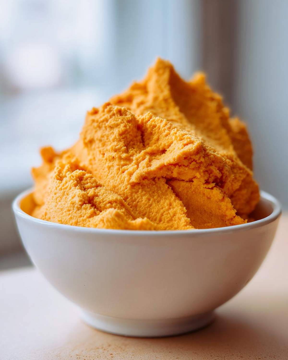 Close-up of bright orange pumpkin fluff dessert piled high in a small white bowl.