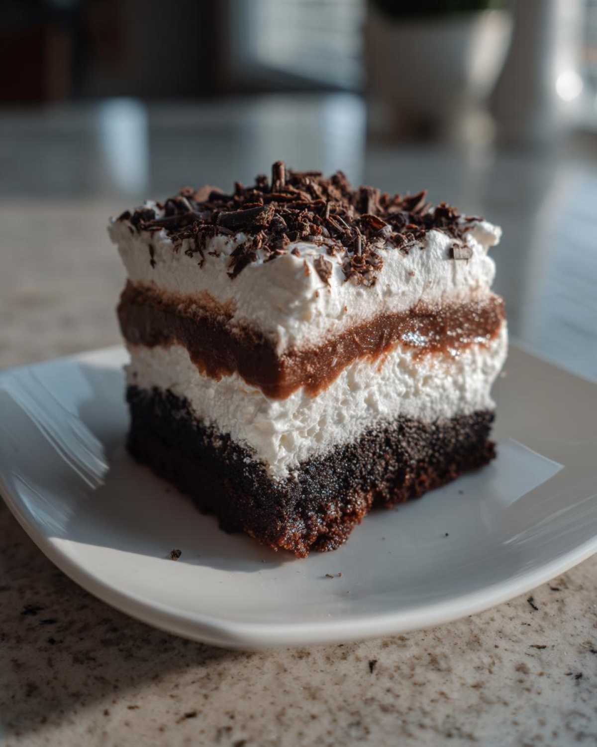 A square slice of rich brownie refrigerator cake layered with cream and chocolate, topped with chocolate shavings.