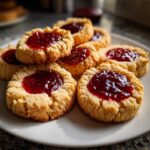 A close-up of several buttery thumbprint cookies piled on a white plate, each featuring a bright red jam center.