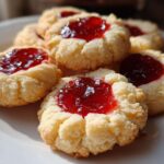 Close-up of several buttery thumbprint cookies filled with glistening red jam, arranged on a white plate.