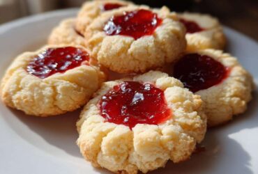 Close-up of several buttery thumbprint cookies filled with glistening red jam, arranged on a white plate.