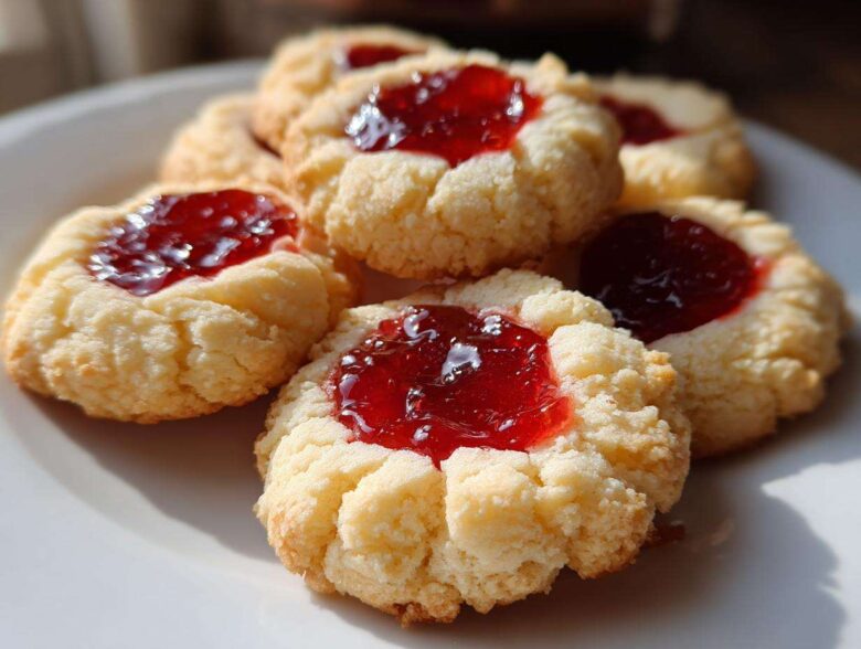 Close-up of several buttery thumbprint cookies filled with glistening red jam, arranged on a white plate.
