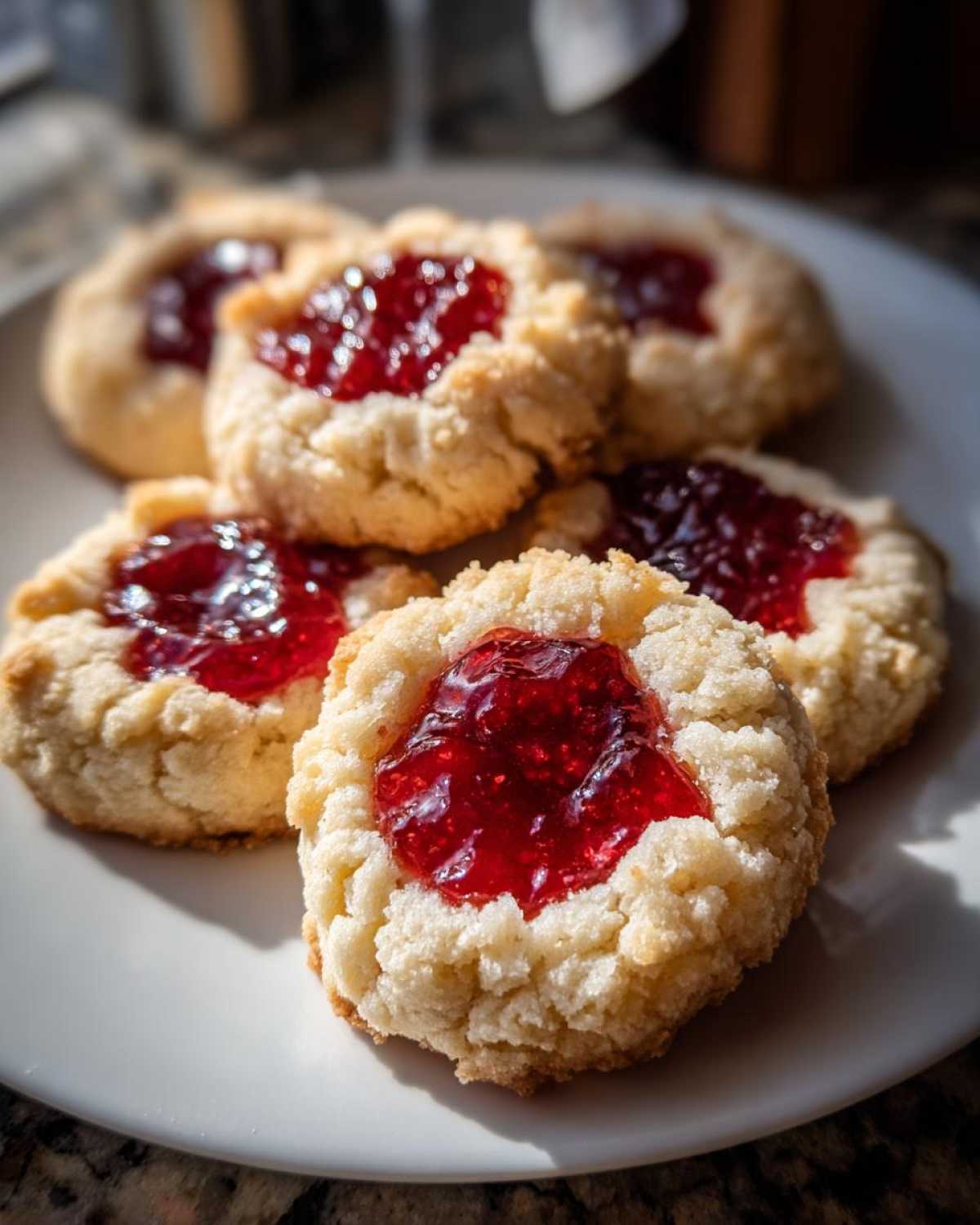 Close-up of several buttery thumbprint cookies filled with glistening, bright red raspberry jam, served on a white plate.