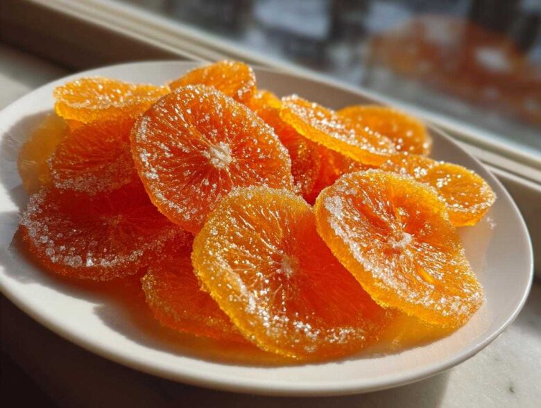 Close-up of glistening, bright orange candied orange slices dusted with sparkling sugar.