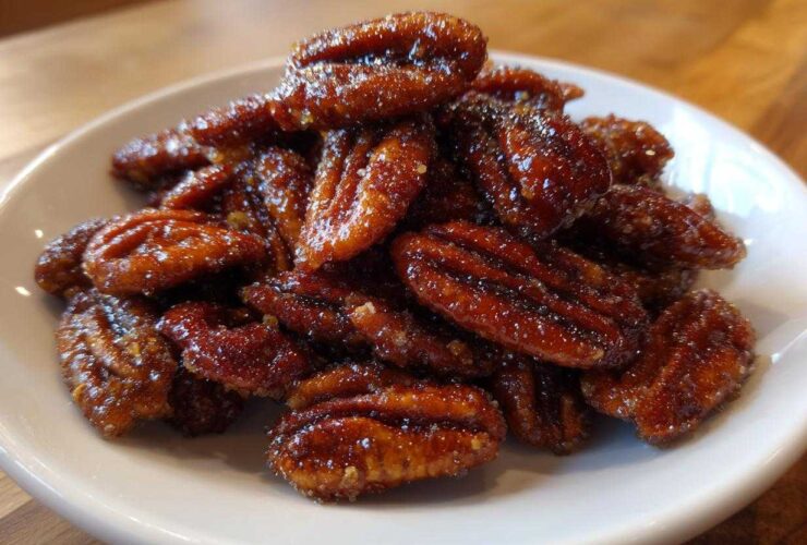 A close-up shot of a pile of glossy, caramelized candied pecans recipe served on a small white plate.