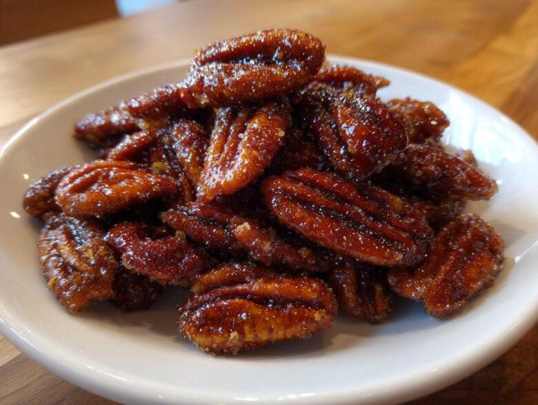 A close-up shot of a pile of glossy, caramelized candied pecans recipe served on a small white plate.