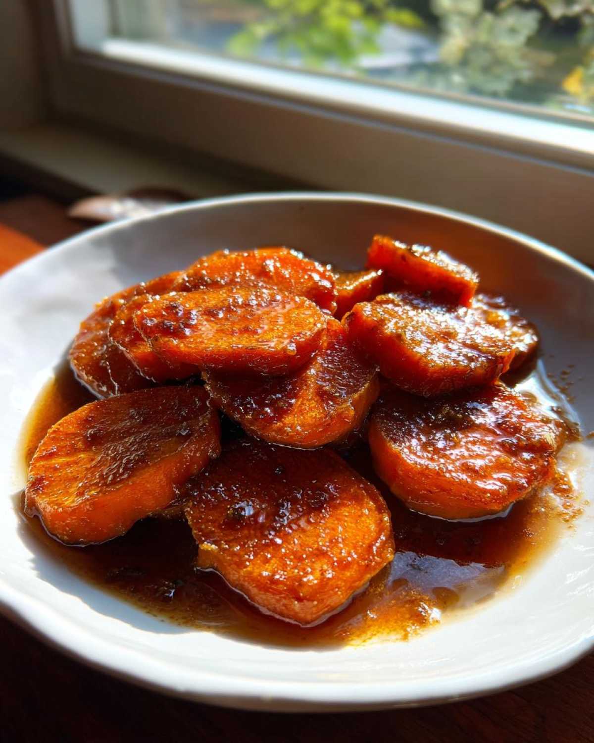 Close-up of thick-cut candied sweet potatoes glistening in a rich, dark brown syrup, served in a white bowl.
