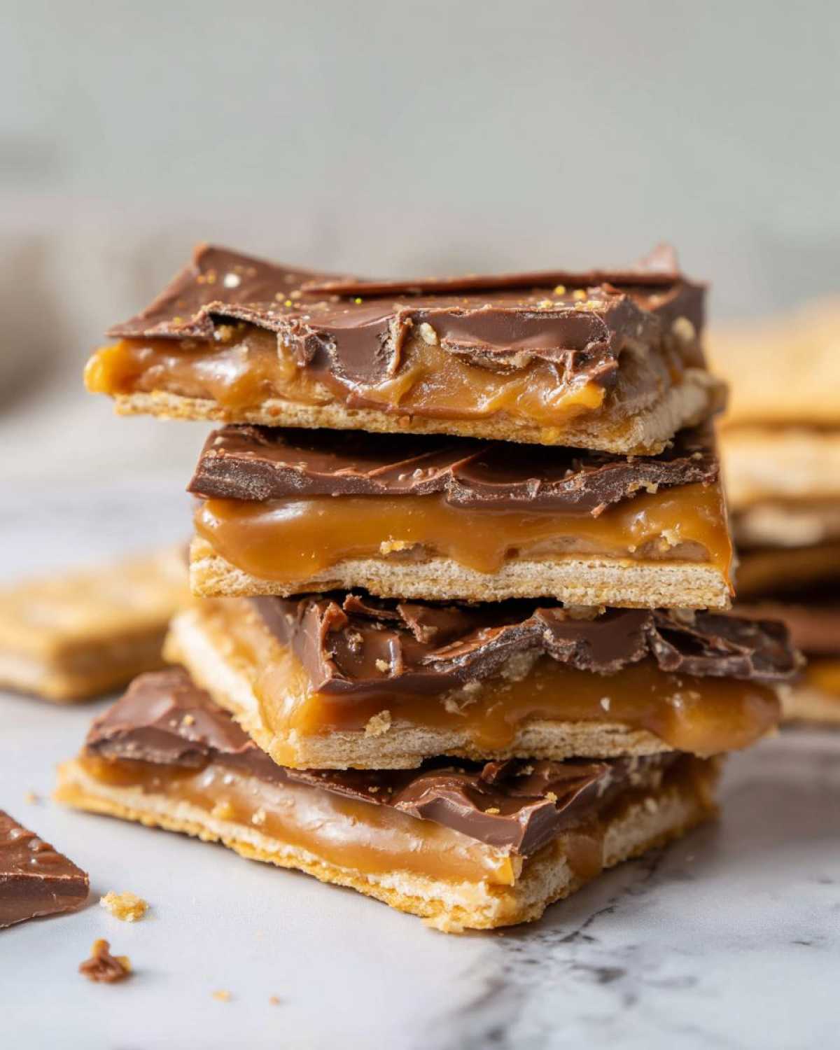 A stack of four homemade Caramel Ritz Cracker Christmas Cookies showing layers of cracker, gooey caramel, and chocolate topping.