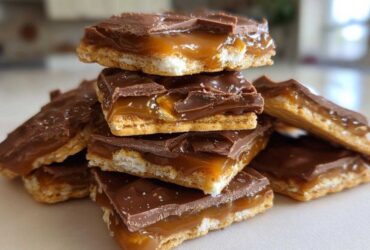 A stack of rich Caramel Ritz Cracker Christmas Cookies featuring a cracker base, gooey caramel, and chocolate topping.