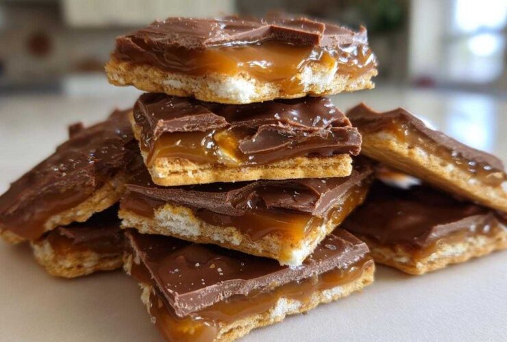 A stack of rich Caramel Ritz Cracker Christmas Cookies featuring a cracker base, gooey caramel, and chocolate topping.