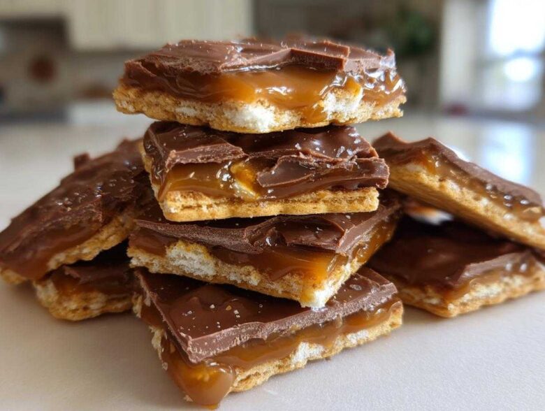 A stack of rich Caramel Ritz Cracker Christmas Cookies featuring a cracker base, gooey caramel, and chocolate topping.