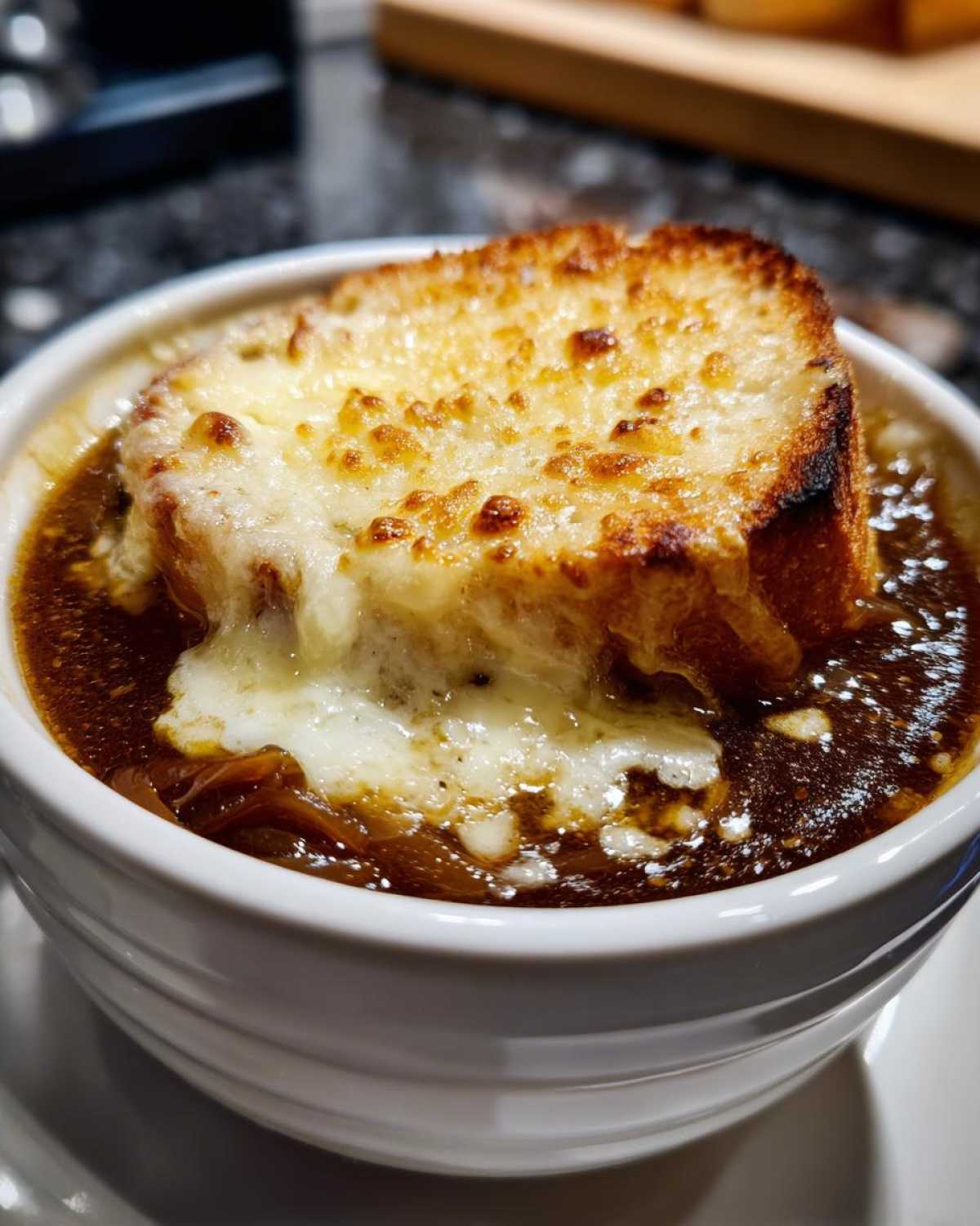 A close-up of a piping hot bowl of french onion soup topped with a thick slice of toasted bread and melted, bubbly Gruyère cheese.