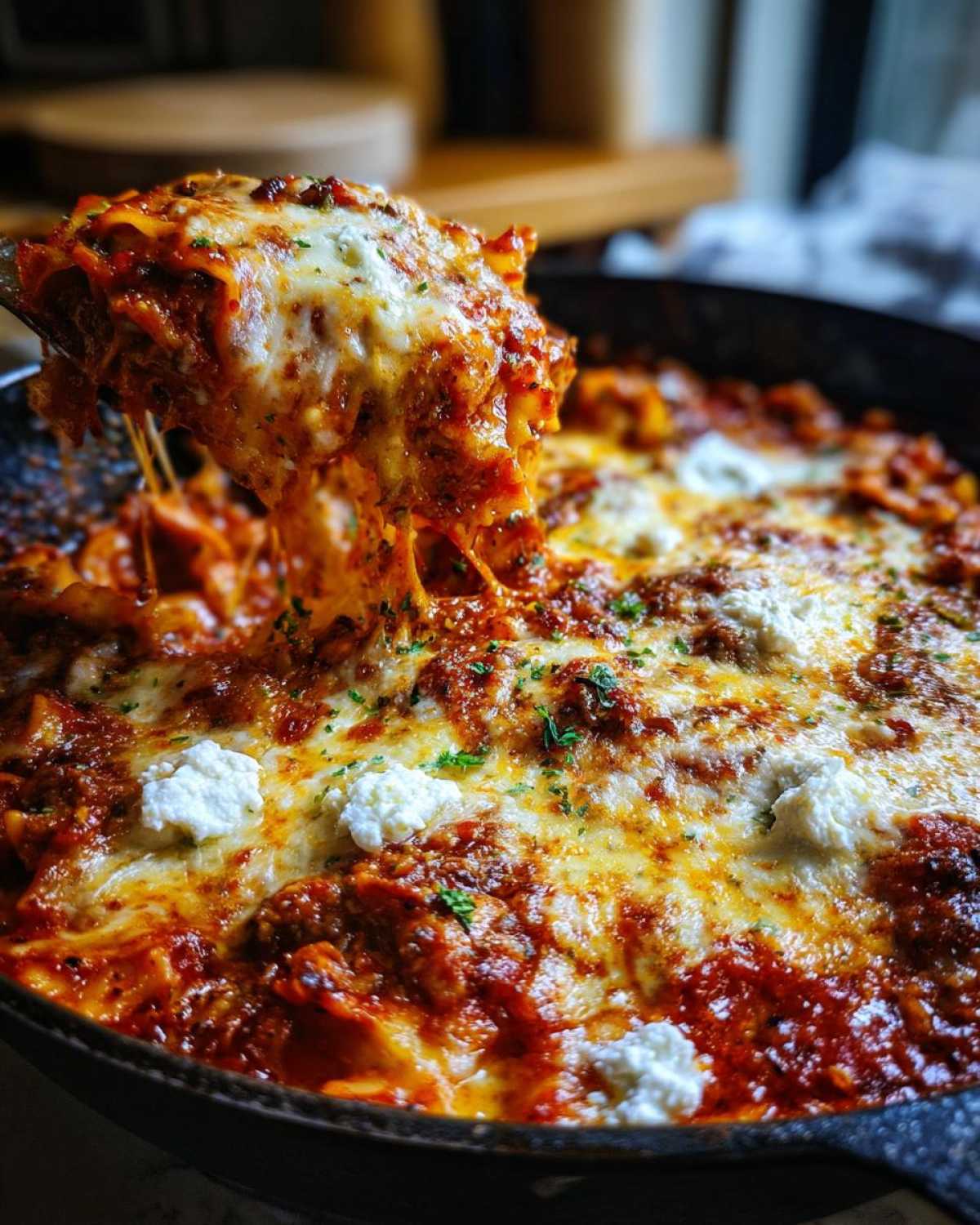 A gooey, cheesy serving of lazy lasagna being lifted from a cast iron skillet, showing melted mozzarella and dollops of ricotta.