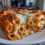 Close-up of a thick slice of cheesy pasta bake featuring rigatoni tubes coated in red sauce and topped with melted, browned mozzarella.