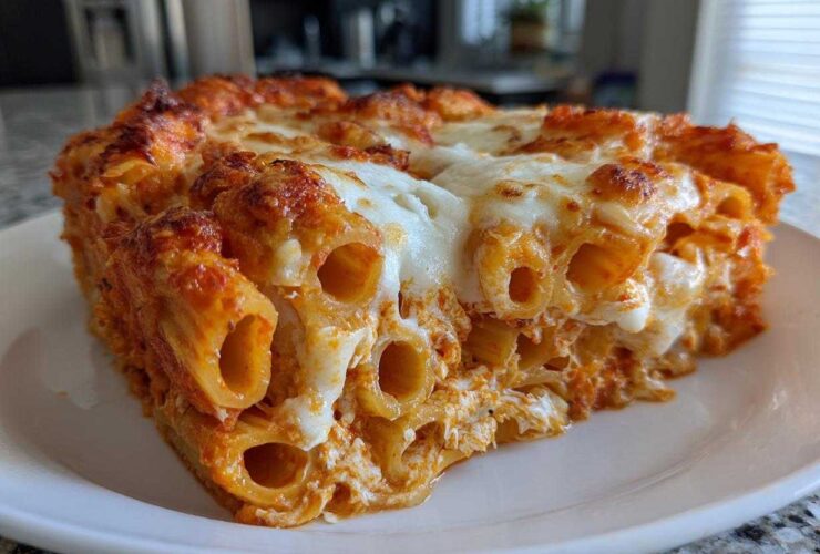 Close-up of a thick slice of cheesy pasta bake featuring rigatoni tubes coated in red sauce and topped with melted, browned mozzarella.