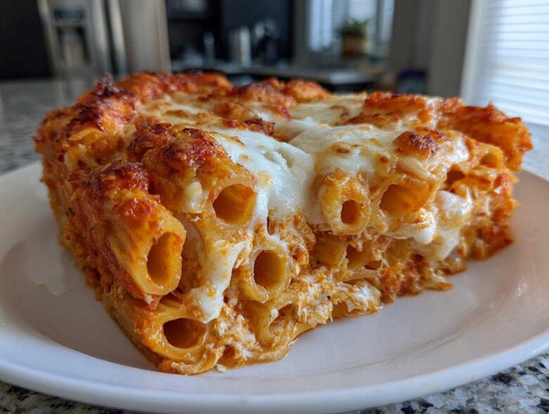 Close-up of a thick slice of cheesy pasta bake featuring rigatoni tubes coated in red sauce and topped with melted, browned mozzarella.