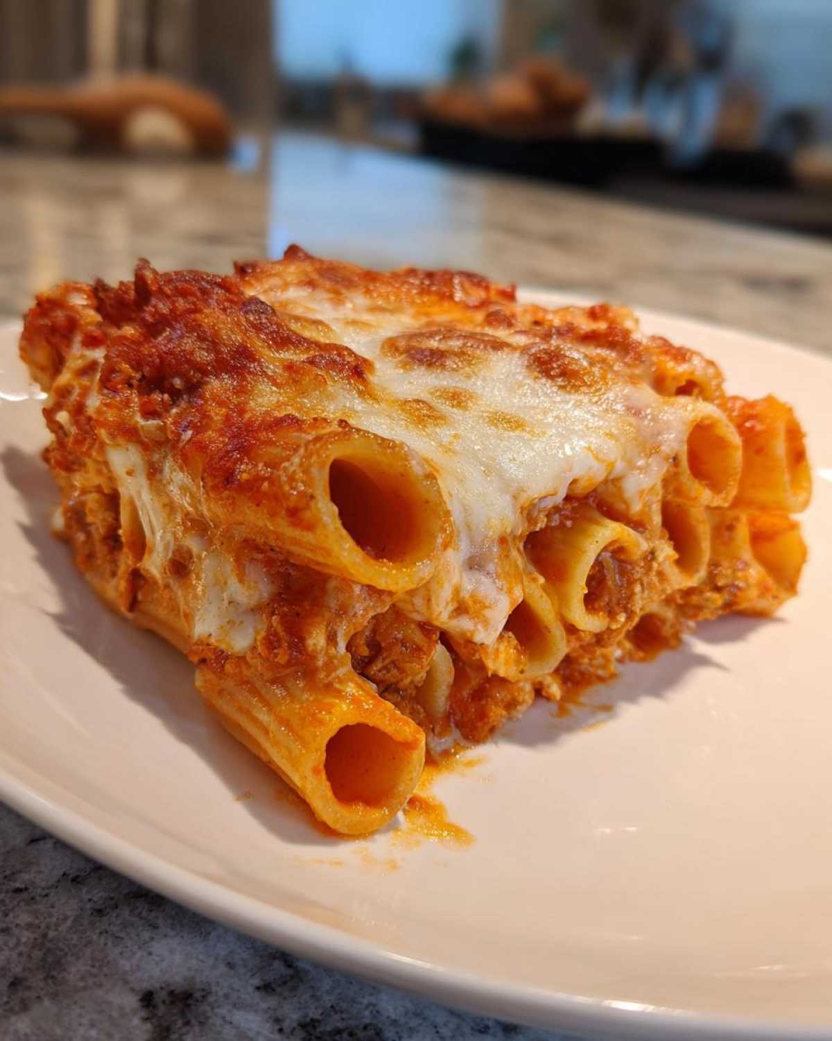 A close-up of a hearty slice of cheesy pasta bake with rigatoni tubes covered in melted mozzarella and tomato sauce.