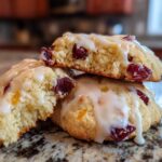 Close-up of chewy cranberry orange cookies stacked, drizzled with white citrus glaze.
