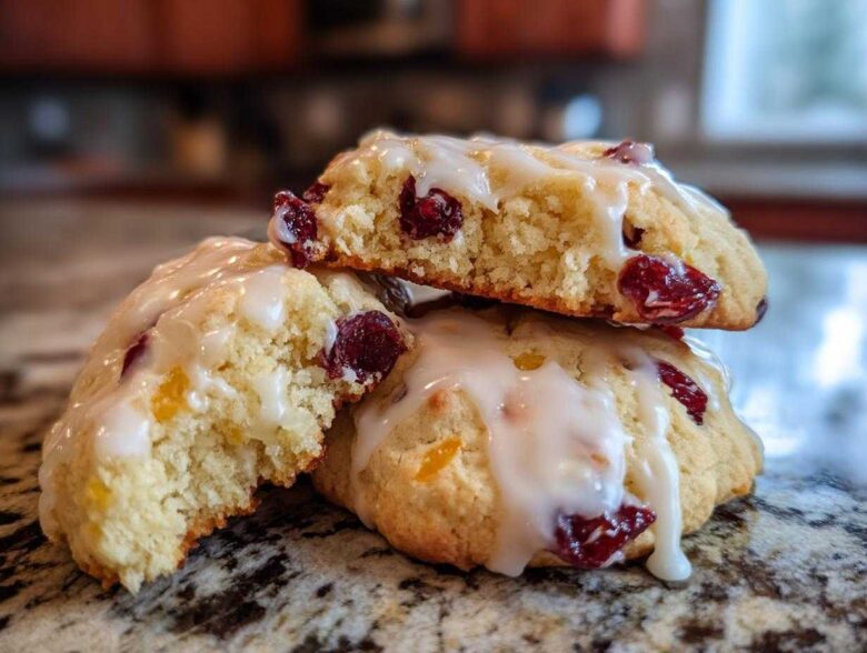 Close-up of chewy cranberry orange cookies stacked, drizzled with white citrus glaze.