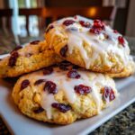 Close-up of three chewy cranberry orange cookies stacked on a white plate, topped with white glaze and dried cranberries.