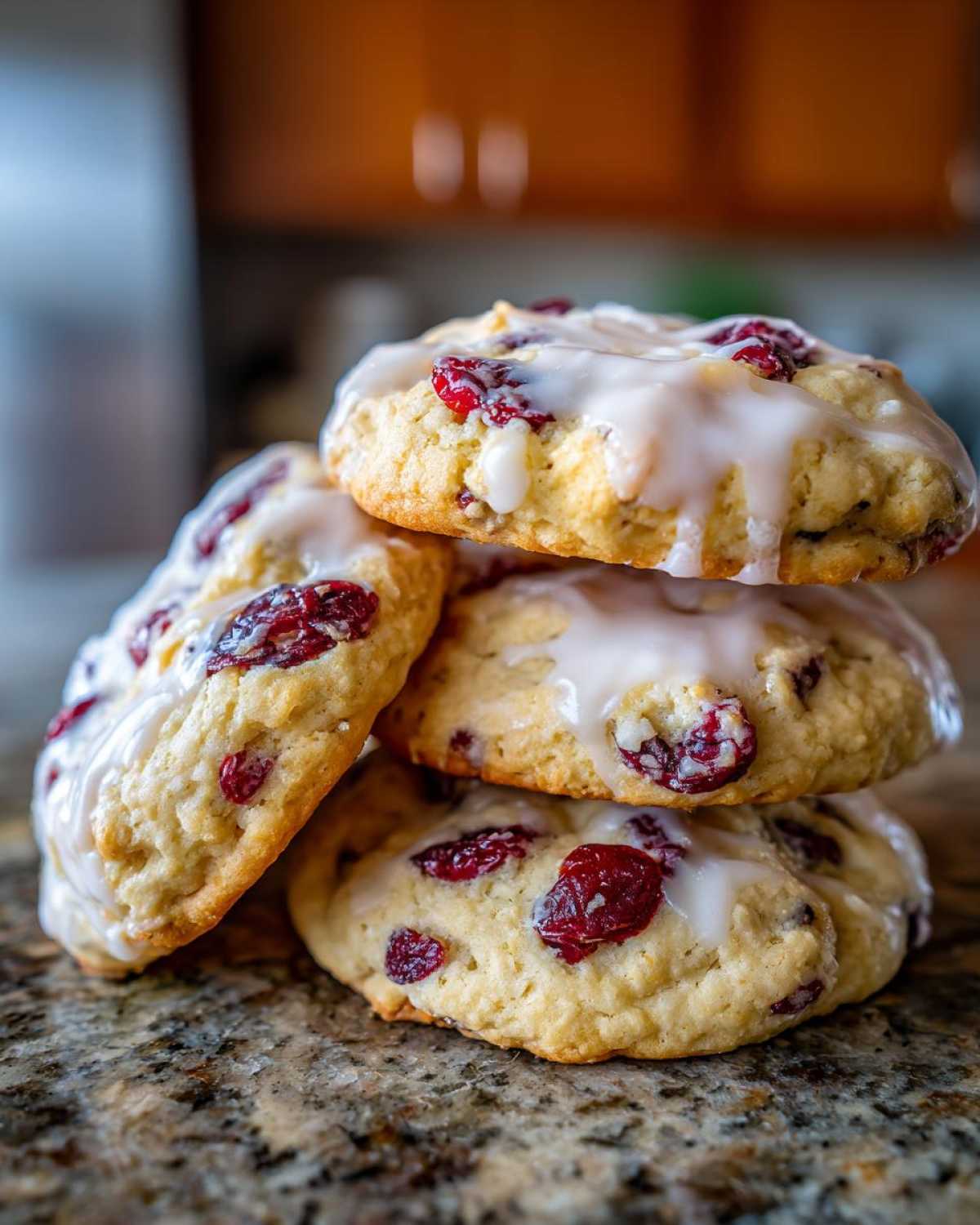 A stack of four chewy cranberry orange cookies topped with a sweet white glaze, resting on a granite countertop.