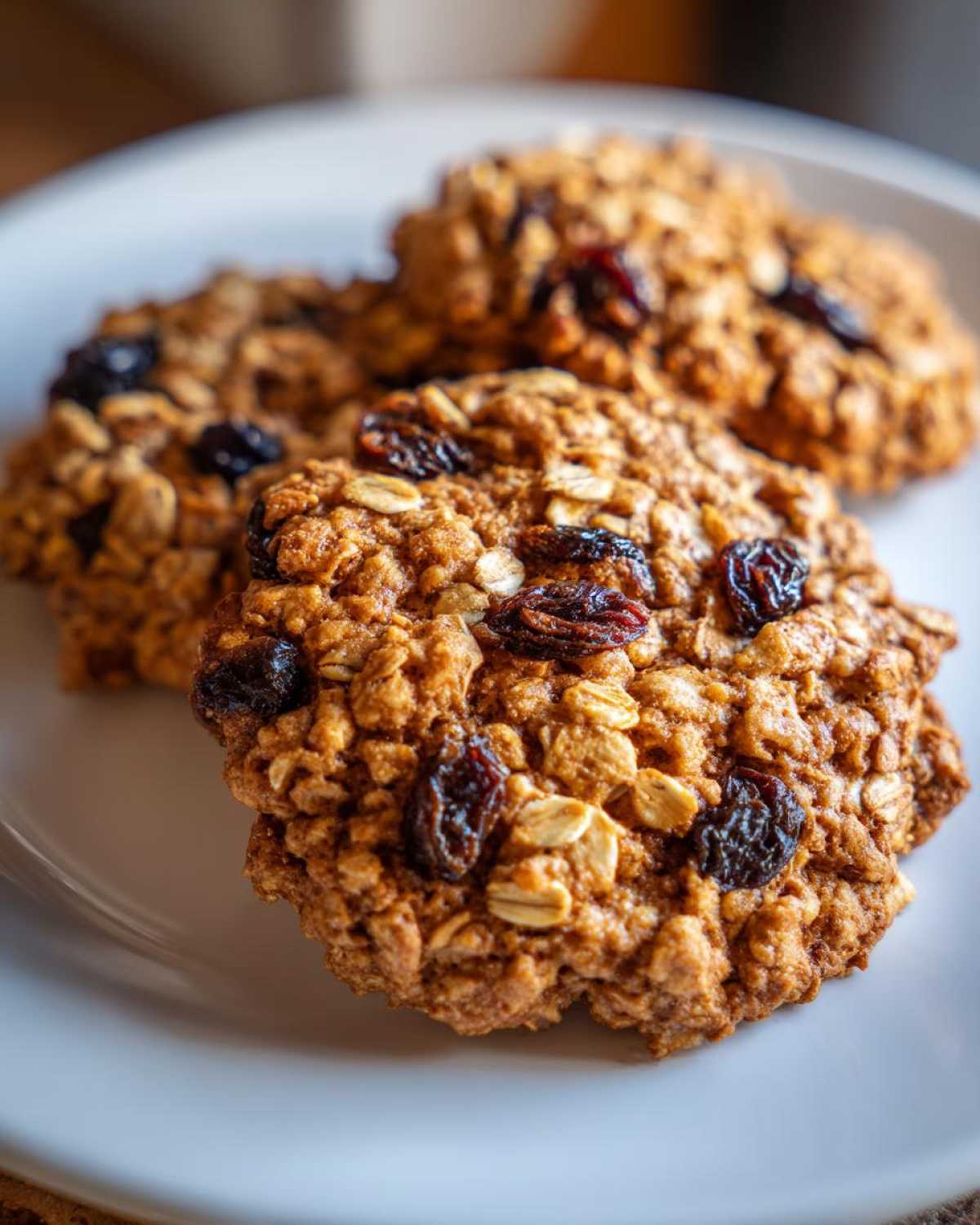 Three freshly baked, chewy oatmeal raisin cookies stacked slightly on a white plate.