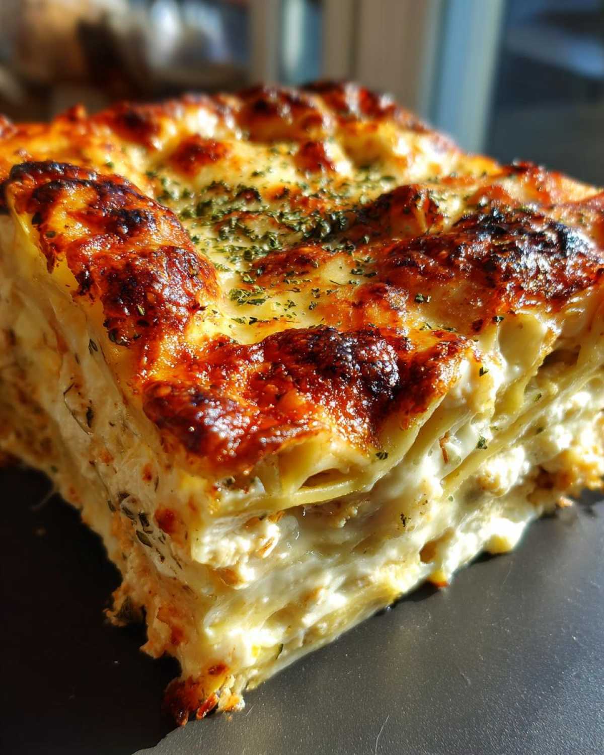 Close-up of a rich slice of chicken alfredo lasagna showing layers of pasta and creamy sauce, topped with browned cheese and herbs.