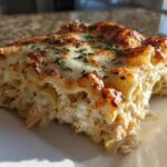 A close-up serving of rich chicken alfredo lasagna with bubbly, browned cheese topping and parsley.