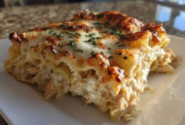 A close-up serving of rich chicken alfredo lasagna with bubbly, browned cheese topping and parsley.