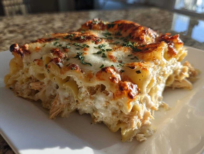 A close-up serving of rich chicken alfredo lasagna with bubbly, browned cheese topping and parsley.
