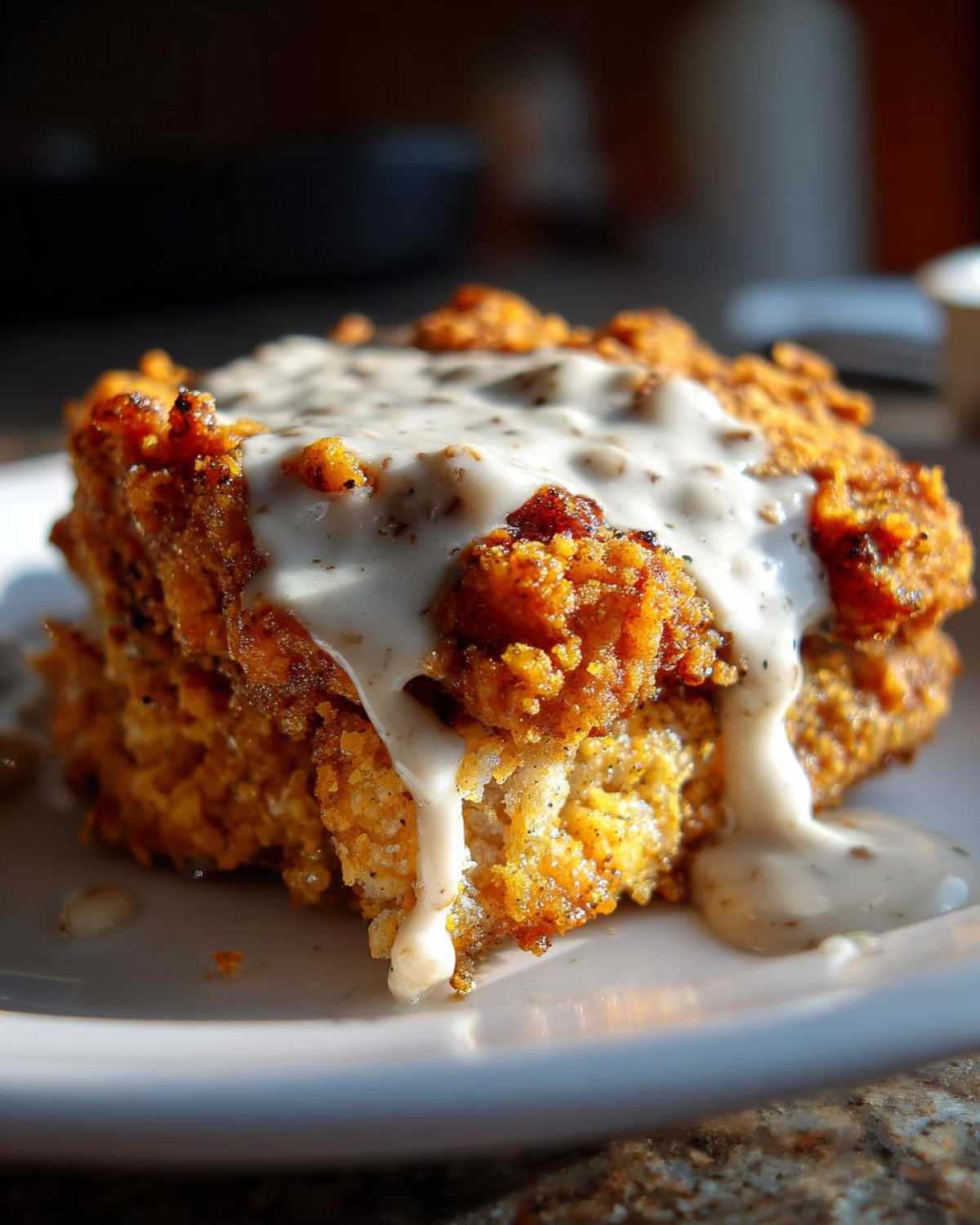 Close-up of a perfectly cooked, crispy chicken fried steak smothered in white peppered gravy.