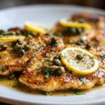 Close-up of golden-brown chicken piccata fillets smothered in lemon-butter sauce, topped with capers and fresh parsley.