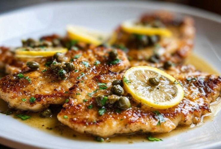 Close-up of golden-brown chicken piccata fillets smothered in lemon-butter sauce, topped with capers and fresh parsley.
