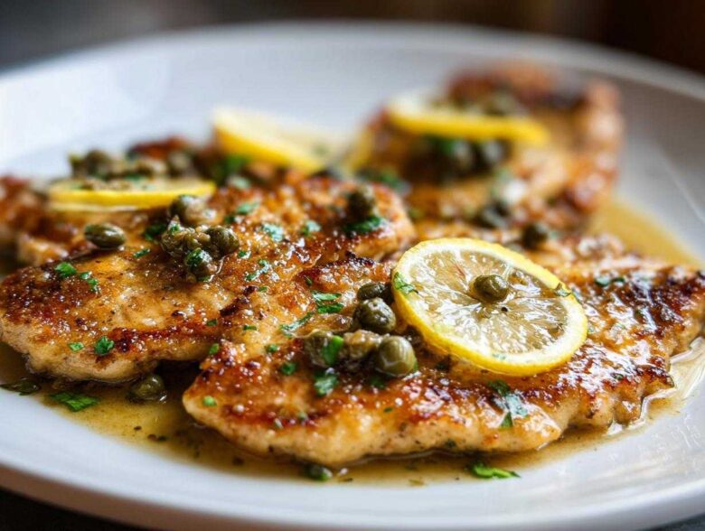 Close-up of golden-brown chicken piccata fillets smothered in lemon-butter sauce, topped with capers and fresh parsley.