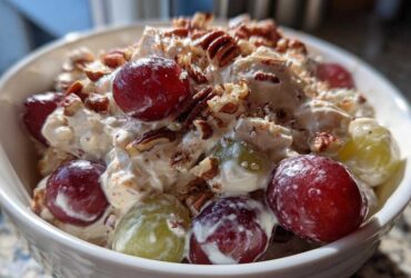 A close-up of creamy chicken salad chick grape salad topped generously with red and green grapes and chopped pecans.