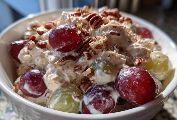 A close-up of creamy chicken salad chick grape salad topped generously with red and green grapes and chopped pecans.