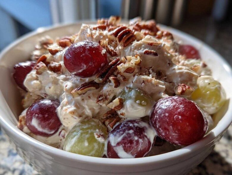 A close-up of creamy chicken salad chick grape salad topped generously with red and green grapes and chopped pecans.