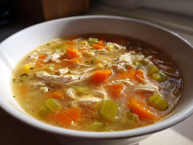 Close-up of a steaming bowl of chicken vegetable soup with shredded chicken, bright orange carrots, and celery chunks.