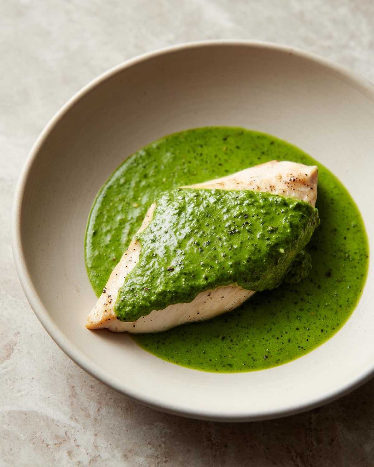 A perfectly cooked chicken breast generously topped with vibrant green cilantro lime sauce in a shallow bowl.