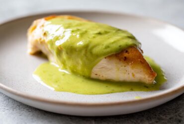 A perfectly cooked chicken breast topped generously with vibrant green cilantro lime sauce on a white plate.
