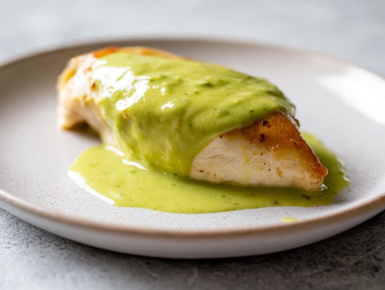 A perfectly cooked chicken breast topped generously with vibrant green cilantro lime sauce on a white plate.