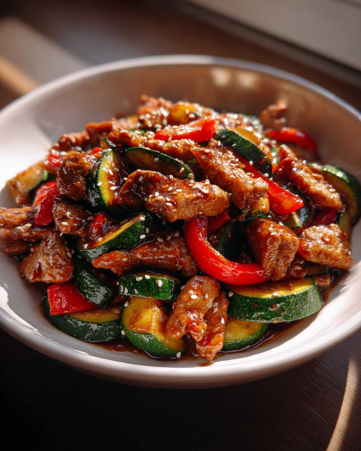 A bowl filled with glossy chicken zucchini stir fry, featuring dark sauce, bright red peppers, and white sesame seeds.