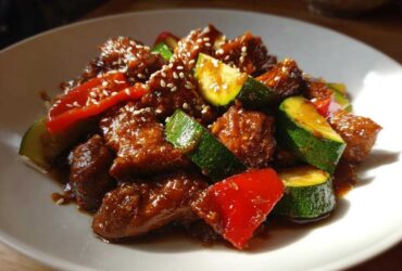 Close-up of glazed chicken zucchini stir fry with red peppers and sesame seeds on a white plate.