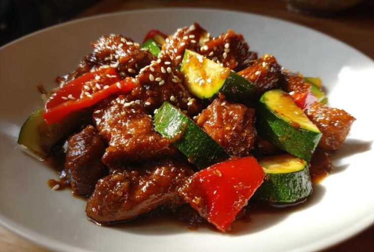 Close-up of glazed chicken zucchini stir fry with red peppers and sesame seeds on a white plate.