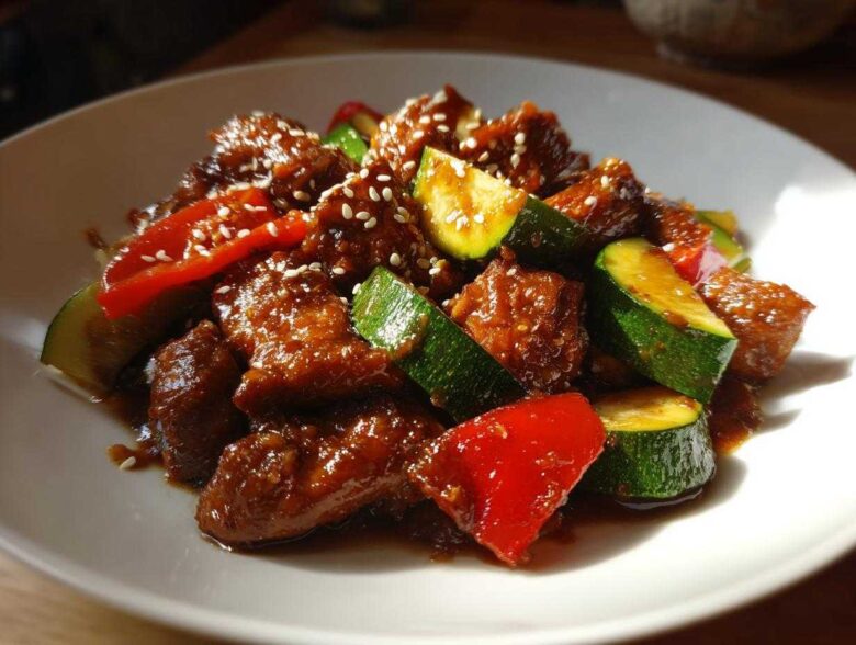 Close-up of glazed chicken zucchini stir fry with red peppers and sesame seeds on a white plate.
