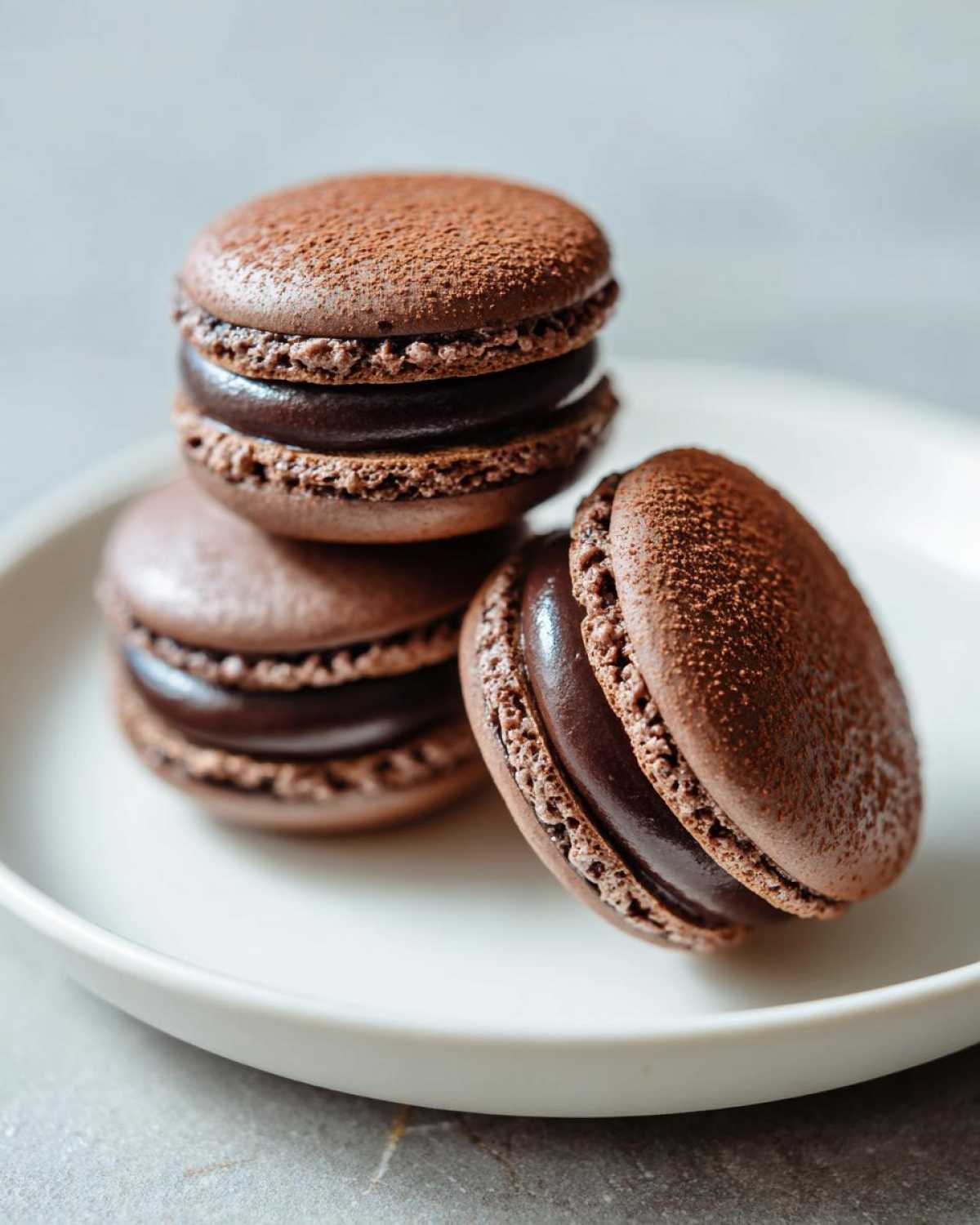 A close-up of three decadent chocolate macarons stacked and leaning on a white plate.